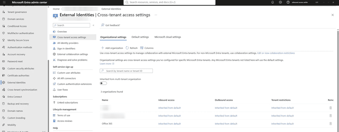 Cross-tenant access settings: organizations inherit the default settings
