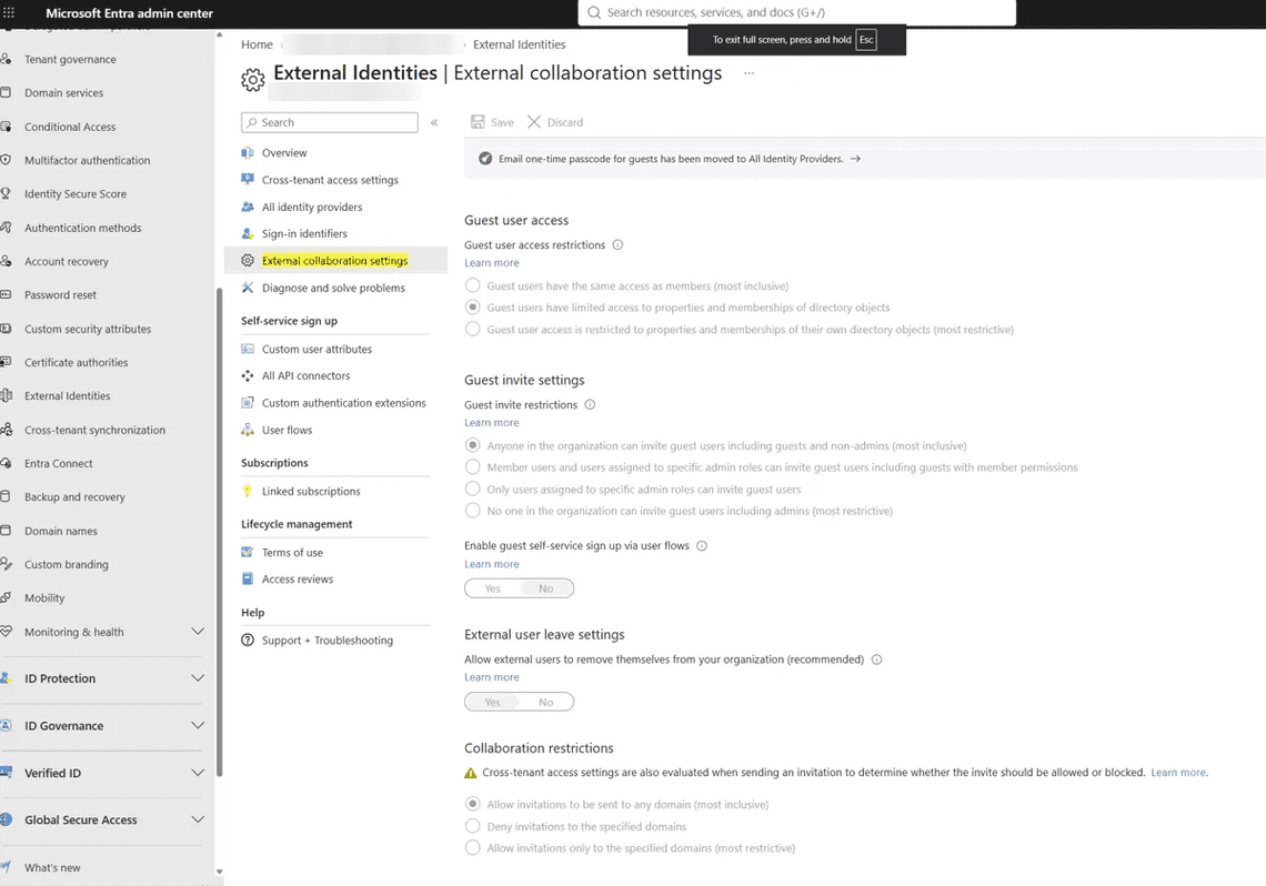 Entra ID external collaboration settings with no guest invite or domain restrictions
