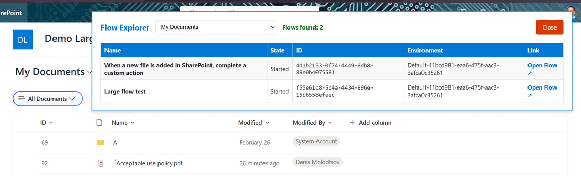 Flow Explorer listing the Power Automate flows attached to a SharePoint list