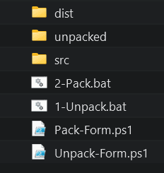 Contents of the form-edit folder: dist, unpacked, src folders plus 2-Pack.bat, 1-Unpack.bat, Pack-Form.ps1, Unpack-Form.ps1
