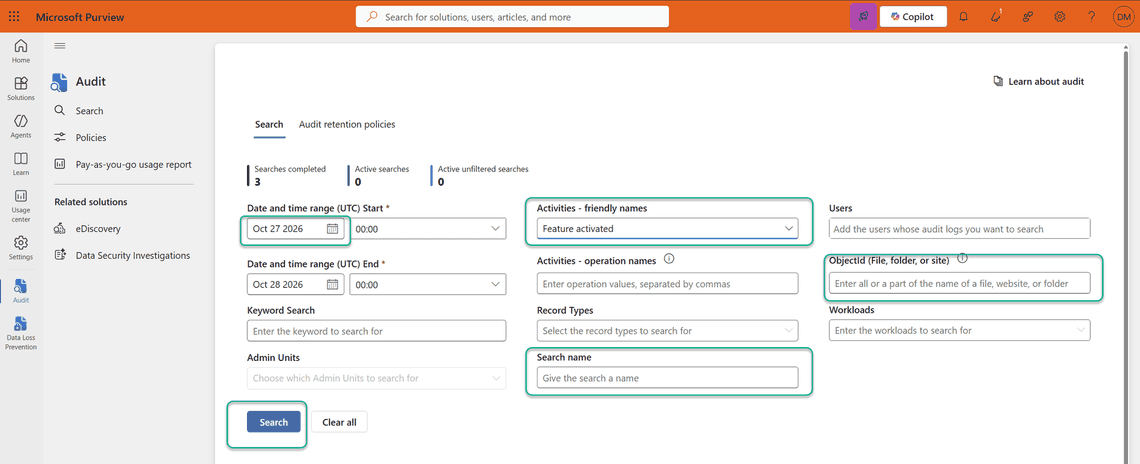 Purview audit search filtered on Feature activated for a single site