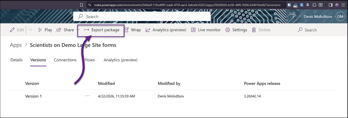 Versions page with Export package highlighted