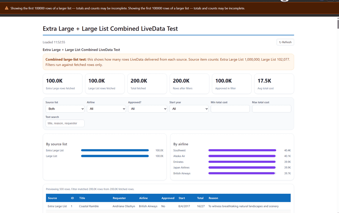 Two large lists combined, 100,000 rows fetched from each