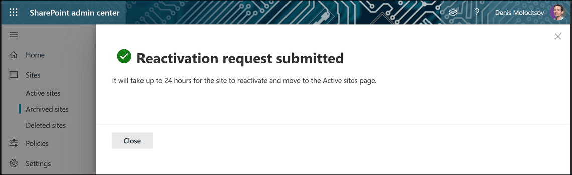 Reactivation request submitted