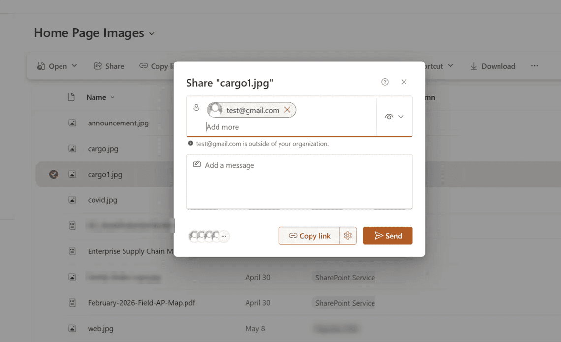 Sharing a file with an external address works