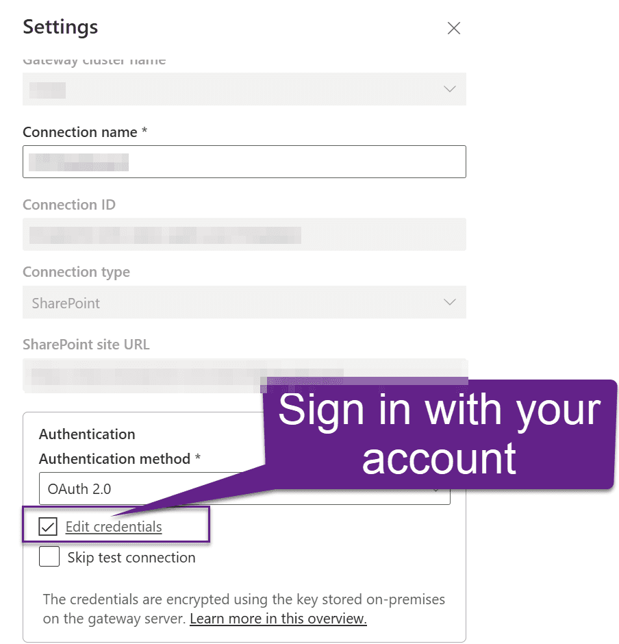 Edit credentials on a SharePoint connection