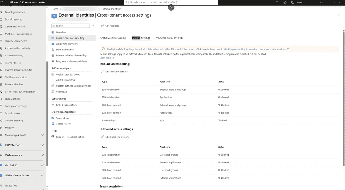 Cross-tenant access default settings: B2B collaboration allowed inbound and outbound