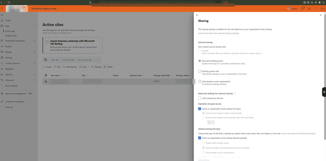 Site-level external sharing settings