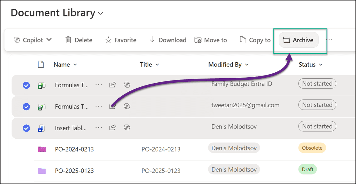 Archive button in the document library command bar