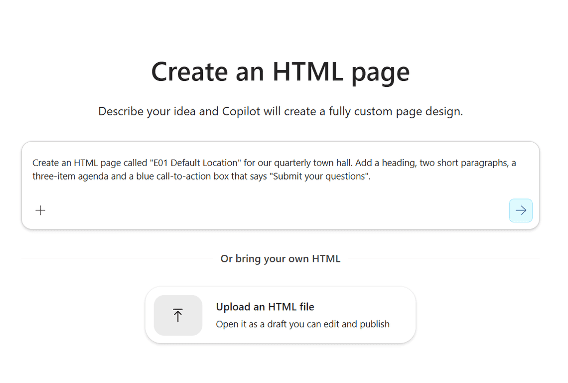 The Create an HTML page screen with a prompt box and an Upload an HTML file option