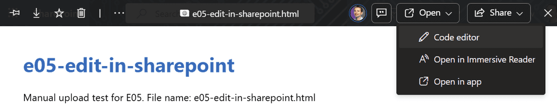 The Open menu of an HTML file in Documents with Code editor and Open in HTML Viewer