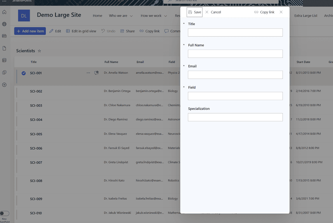 The edited form rendering as the list item pane in SharePoint