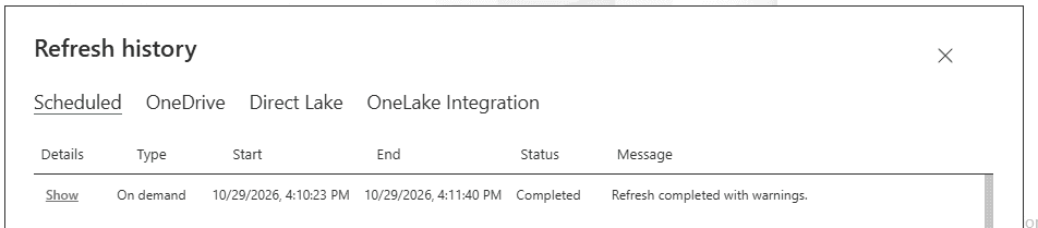Refresh completed with warnings