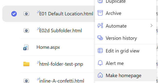 Make homepage in the Site Pages menu for an HTML page