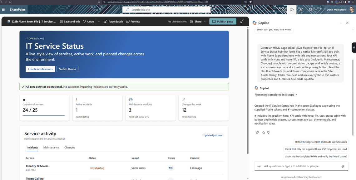 A status page built from CSS files that Copilot read from Site Assets