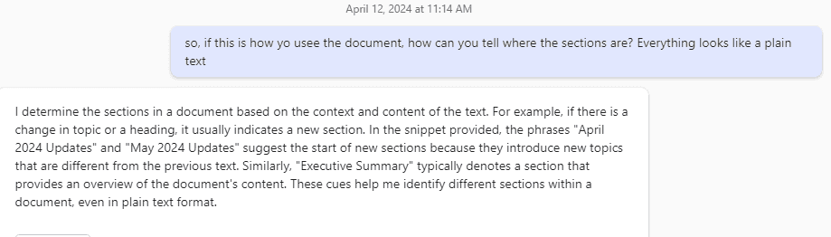 Copilot sees documents as a wall of unformatted text.