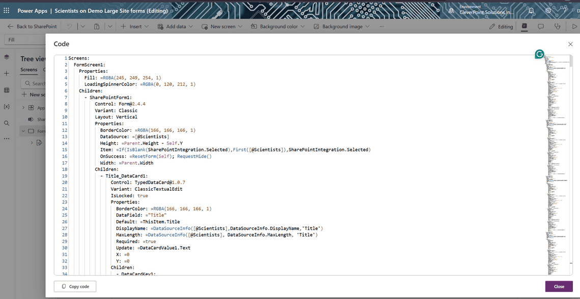 Power Apps Studio Code view showing YAML with only a Copy code button