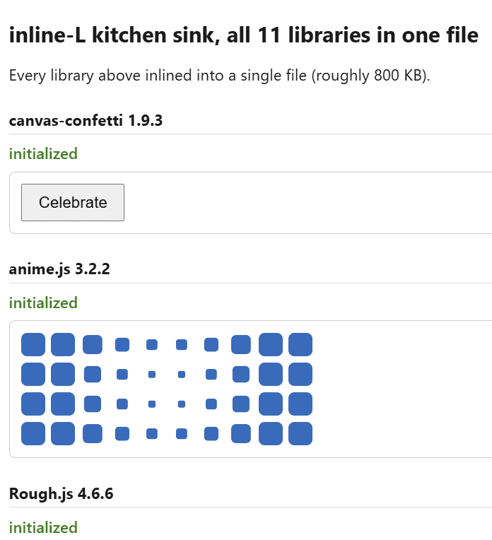 The test page with eleven libraries
