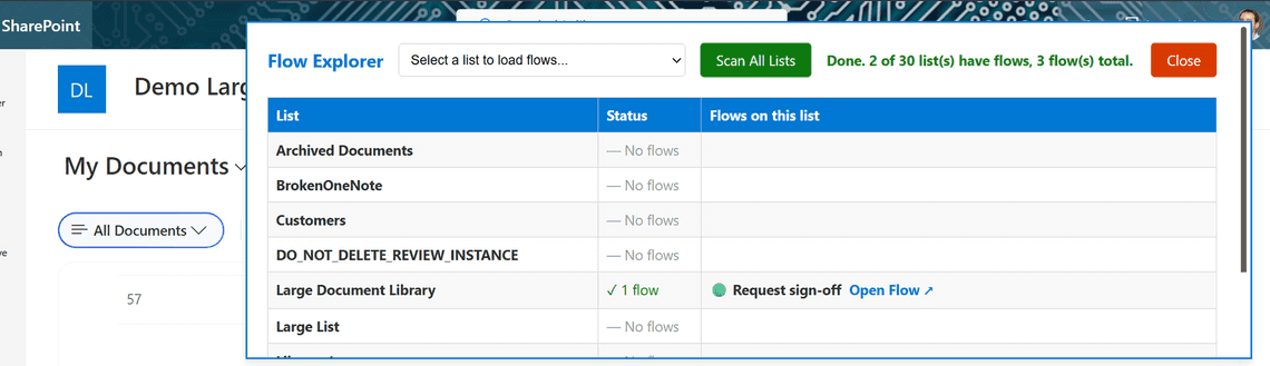 Flow Explorer scanning every list on the site and reporting which ones have flows
