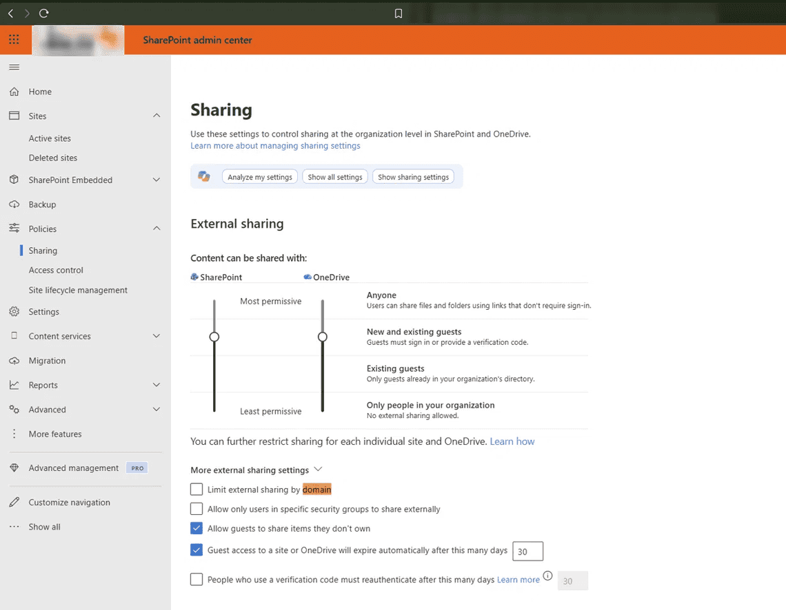 Tenant-level external sharing settings