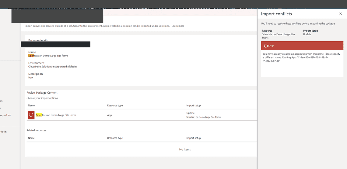 Import conflict: application with this name already exists