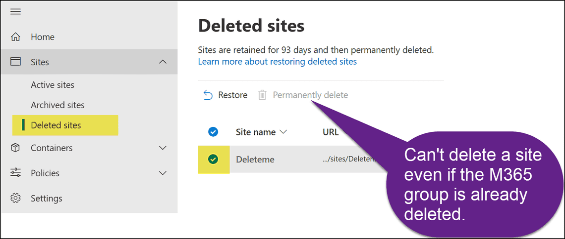 Can't delete SharePoint site connected to a Team