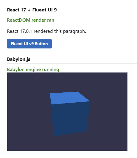 React 17, Fluent UI 9 and Babylon running inside the page