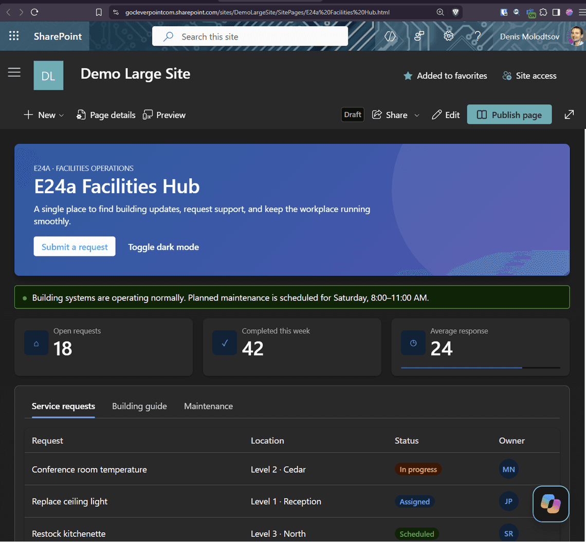 A Facilities Hub page in the reference page's style