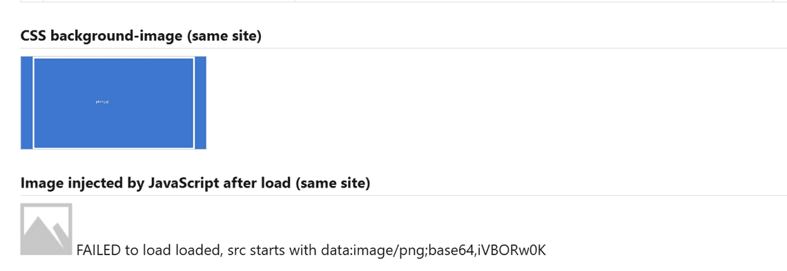 An image added by JavaScript after the page rendered fails, while a CSS background loads