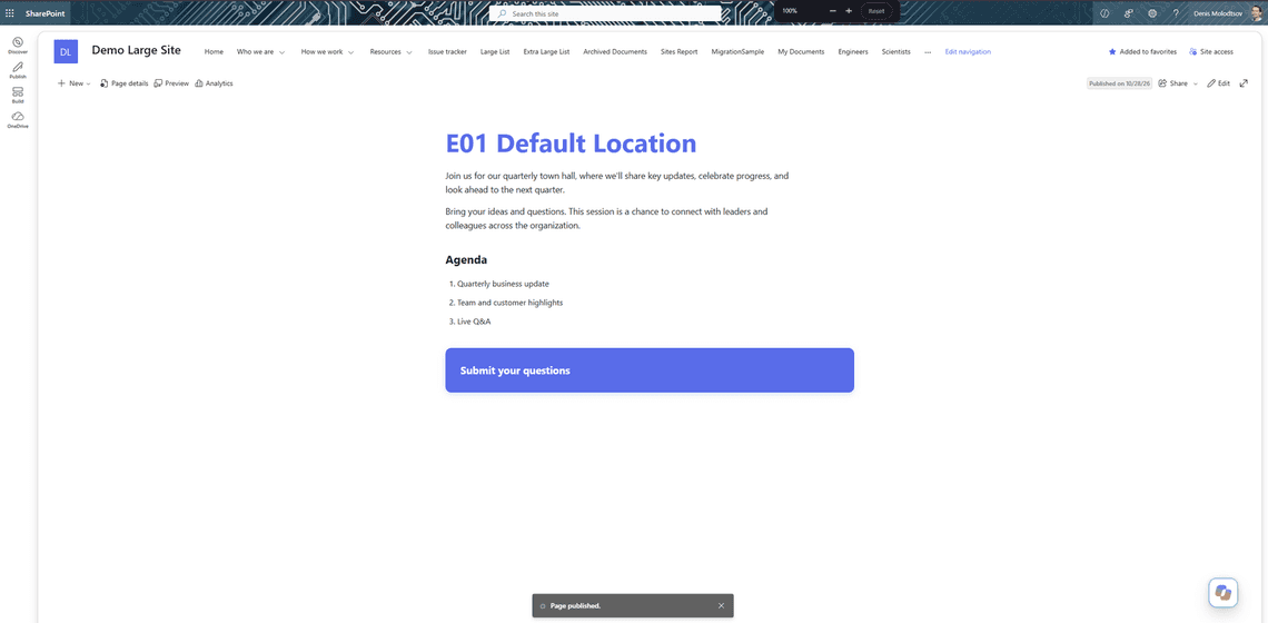 The published HTML page inside the site header and navigation